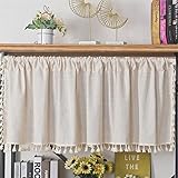 SAYT RLAE Kurze Scheibengardine Bistrogardine Blickdicht Boho Vorhang Leinen Baumwolle Beige Reine Unifarbe Kurzstore Gardinen mit Quasten für Küche Wohnzimmer Schlafzimmer,1 Stück, B150×H45cm