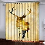 WIRMEC Verdunklungsgardinen Wohnzimmer 2 Stücke H 260 X B 280 cm 3D Goldenes Elchtier Muster Blickdicht Vorhang Schlafzimmer Kinderzimmer Küche Thermogardine Schallschutz Ösenvorhang