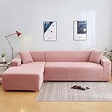 Fsogasilttlv Ecksofahusse Sofabezug,Solid Thicken Elastic Sofabezug Polyester Ecke, Sofa Couch Schonbezug Stuhl Protector Living-Pink 3-Sitzer 190-230 cm und 4-Sitzer 235-300 cm 2 PCS