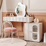 CENAP Schminktisch mit Hocker, ausziehbarer Schminktisch, Schminktisch, Schminktisch, Kommode, Schminkset mit 2 Schubladen, Seitenschrank, LED-beleuchteter Spiegel, für Make-up-Zimmer, Schlafzimme