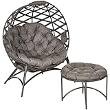 Outsunny 2tlg. Gartenstuhl-Set, Korbstuhl mit Faltbarem Sitzkorb, inkl. 2-in-1-Hocker, Kissen, Loungesessel füt Balkon, Terrasse, Stahl, Sand, 118 x 75 x 142 cm