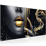 Runa Art Wandbild Lippen Gold Schwarz 1 Teilig Modern Bild auf Vlies Leinwand Wohnzimmer Flur Kosmetik Fashion Frau 041512a