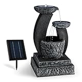 blumfeldt Fantaghiro Zierbrunnen mit Wasserspiel - Gartenbrunnen, 3 Ebenen, integrierte Beleuchtung, 3 W Solarpanel, unabhängig vom Stromnetz Dank Akku, Polyresin, Naturstein-Optik, schwarz