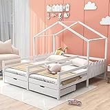 Azkoeesy 90x200 cm Bettgestell Hausbett mit 2 Schubladen & Fallschutz, Jugendbett Rahmen aus Kiefernholz, weiß