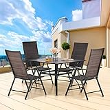 MFSTUDIO Polyrattan Gartenmöbel Set, 94cm Quadratische Metall Stahl Lamellen Tisch mit 4cm Schirmloch und 4 Rattan Klappstuhl, Gartentisch mit Stühlen Set für Terrasse, Balkon, Bistro, Veranda