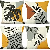 Boho Abstrakte Blätter Kissenbezüge 40,6 x 40,6 cm 4 Stück Mitte Jahrhundert Minimalismus Pflanzen Dekorativer Wurfkissenbezug Geometrisch Floral Ästhetisch Kissenbezug für Couch Wohnzimmer Sofa