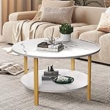 VOWNER Runder Couchtisch, Wohnzimmertisch, Beistelltisch, Sofatisch, 2 Ablage Ebenen Stauraum, Einfache Montage, Couchtisch aus Marmorimitat, Goldenes Metallgestell, für Wohnzimmer, 80 x 80 x 48 cm