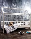 RIVERBANK Kinderbett 80x160 mit Rausfallschutz - Kinder Hausbett aus Kiefer Holz mit Rollrost | Stabiles Haus Bett für Mädchen & Jungen | 80 x 160 cm Jugendbett Massivholz Weiß