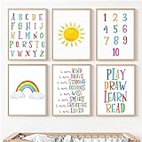 6 Stück Sunny Rainbow Number Abstract Letter Abc Kinderzimmer Wandkunst Leinwand Malerei Poster Drucke Wandbilder Baby Kinder Schlafzimmer Zimmer Dekor Bild-40X50Cm/16X20Inch (Ungerahmt)