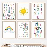 6 Stück Sunny Rainbow Number Abstract Letter Abc Kinderzimmer Wandkunst Leinwand Malerei Poster Drucke Wandbilder Baby Kinder Schlafzimmer Zimmer Dekor Bild-40X50Cm/16X20Inch (Ungerahmt)