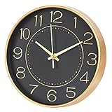 HZDHCLH 25cm Modern Quartz Lautlos Wanduhr Arabisch Ziffer Schleichende Sekunde ohne Ticken für Dekoration Wohnzimmer, Küche, Büro, Schlafzimmer (schwarzes Gold)