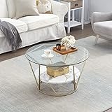 MKJLWO Couchtisch Rund, Beistelltisch Gold Metallgestell Wohnzimmertisch Modern 2-stöckiger Tisch Wohnzimmer Couchtisch Glas Marmor Kaffeetisch Sofatisch für Wohnzimmer