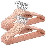 SONGMICS Kleiderbügel Samt, 50er Set, Bügel, rutschfest, kleine Stange für Krawatten, 360° drehbarer Haken, 0,6 cm dick, platzsparend, 43,5 cm lang, für Mäntel, Hosen, Silber-Hellrosa CRF50PK