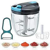 Tohoee 900ml Gemüseschneider Manuell Zwiebelschneider Manuell 5 Edelstahlklingen mit Mixer Küchen Zwiebel Schneider Maschine (Blau in Grau) (Version mit Kordelzug - Blau)