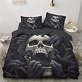 Luowei Totenkopf Bettwäsche 135x200cm Schädel Muster Gothic Bettbezug Set 2 Teilig Weiche Microfaser Bettbezug und 1 Kissenbezug 80 x 80cm mit Reißverschluss