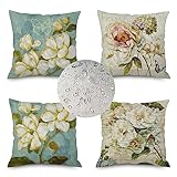 Fheeao Outdoor Wasserdicht Kissenbezug 80x80cm 4er Set Sofakissen Farbe Dekokissen Platz Blume Kissenbezüge Sofa Dekorativ Kissen Leinen Kissenhülle für Garten Auto Wohnzimmer Bett Deko Kissen Z-7278