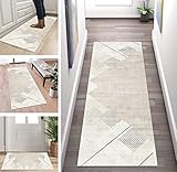 ZUZEKU Läufer Lang Flur rutschfest Teppich Küche Beige Modern Korridor Teppichmatten 60X170cm Küchenteppich Schlafzimmer Esszimmer Polyester Meterware Anpassbar