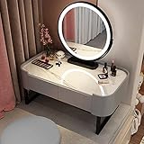 EnixWh Schminktisch-Hocker-Set, Make-up-Set mit Dimmer-LED-Spiegel und Schrankschubladen, Morden Home-Kommode, Elegantes Schlafzimmer-Schminktisch-Set als Geschenk für Mädchen (Farbe: Grau + Weiß,