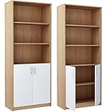 Praktische Bücherregal Schrank 180 cm mit 2 Türen 5 Fächern Groß Mehrzweckschrank Aktenschrank Büroschrank Haushaltsschrank (Weiß/Sonoma)