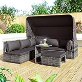 Polyrattan Lounge Set, 5-teiliges Rattan-Gartenmöbel-Set, Patio-Lounge-Set mit Baldachin, Allwettergeflecht, waschbare Kissen, graues Geflecht + graue Kissen