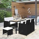 Homgoday Gartenmöbel Set 6-tlg. Garten-Essgruppe Garten Sitzgruppe Gartengarnitur Rattanmöbel Gartenset für Garten Terrasse Balkon Poly Rattan Akazie Massivholz Schwarz