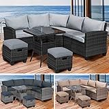 BRAST Gartenmöbel Set Balcony | 5-7 Personen viele Modelle & Farben | incl. Hocker 2er Set & Dicke Kissen | TÜV geprüft | Outdoor Loungemöbel Sitzgruppe Essgruppe Garnitur | Schwarz/Grau