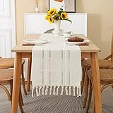 Rustikaler Tischläufer aus Leinen mit Quaste, gestreift, Bauernhaus, Boho, 228,6 cm lang, Tischläufer für Küche, Esszimmer, Urlaub, Party, Hochzeit, Heimdekoration (Beige, 33 cm B x 228,6 cm L)