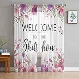 LUOWAN Verdunkelungsvorhänge Lila Blume Willkommen Englische Buchstaben 234x138 cm 40% Polyester Vorhänge Ösen Netzvorhänge Küche Schlafzimmer Wohnzimmer Kind