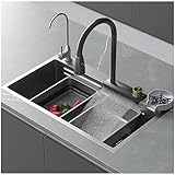 Küchenspüle, Edelstahl-Nano-Raindance-Wasserfallspüle, Barspüle mit ausziehbarem Wasserhahn, Schneidebrett, Einzelspüle für die Spülmaschine (Grau A, Größe: 68 x 46 cm)