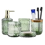 Komplettes Set aus Glas Badezimmer Zubehör Lotionspender Seifenschale Zahnbürstenhalter Glasbecher Wattestäbchen Glas (Grün)