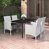 Yolola Gartenmöbel Set 4 Stühle Mit Tisch,Sitzgruppe Garten Essgruppe 4 Personen Rattan, Polyrattan Gartenmöbel Set Balkon Terassenmoebel Set mit Weiß Auflagen und 140 cm Tischlänge Glas