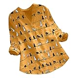 Leinen Oberteile Leinenbluse Bluse mit Gummizug Schwarze Bluse Damen Elegant Frauen Plus Größe DREI-Viertel-Streifen-Druck V-Ausschnitt lose Passform Top T-Shirt Bluse Schwarzes Hemd