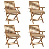 JUNZAI Klappbare Gartenstühle mit Kissen, Gartenmöbel, Balkonstühle, Chair Outdoor, Essstühle, Balkonmöbel, Bistrostuhl, Garten Stühle, Armlehnenstuhl, 4 STK. Massivholz Teak