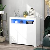 Merax Sideboard mit LED Beleuchtung, Weiss Hochglanz Lagerschrank Beistellschrank mit 2 Türen, Offene Regale, Moderne Anrichte Küchenzeile Schrank für Esszimmer Wohnzimmer Küche, 108 x 92 x 40 cm