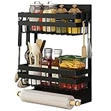 Jamiukro Magnetisches Regal Kühlschrank, 2er Magnetregale Hängeregal, Kühlschrankregal Magnetisch, Küchenkühlschrank Gewürzregal Organizer mit Haken und Papierhandtuchhalter (Schwarz)