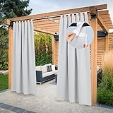 PONY DANCE Outdoorvorhänge mit Abnehmbaren Schlaufen Outdoor Vorhang Wasserdicht Sonnenschutz Vorhang für Pavillon & Terrasse Schlaufenschal 2er Set H 213 x B 132 cm, Grau-weiß