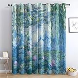 THYUNQ Vorhänge Monet Seerosen Motiv, Vorhang Blickdicht Verdunklungsvorhänge mit Ösen - Gardinen Wohnzimmer Schlafzimmer Fenster, 2er Set Curtains, H 200 x B 140 cm