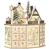 HOMCOM Weihnachts-Adventskalender mit 24 Zugkästen Weihnachtskalender mit LED-Lichtern Adventskalenderbox Sperrholz-Platte Naturholz 25 x 20 x 29 cm