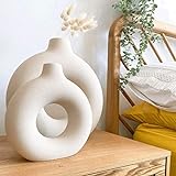 Donut Vase für Pampasgras，Vase Modern Rund mit Loch, Keramik Vase Beige für Schlafzimmer und Wohnzimmer Dekoration (Groß)
