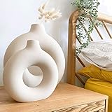 Donut Vase für Pampasgras，Vase Modern Rund mit Loch, Keramik Vase Beige für Schlafzimmer und Wohnzimmer Dekoration (Groß)