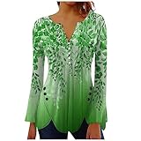 Shirt Damen Sexy Retro Notch V Neck Tunika Lange Damen Tshirt Elegant Langarm Glocke Ärmel Tops Sommer Locker Blumenmuster Locker Cami Top Mit Knöpfen Leicht Und Luftig,Green,XXL