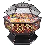 Feuerschale mit Grillrost, Feuerkorb mit Funkenschutz, Feuerschalen für den Garten, Sechseckige Feuerstelle Outdoor mit Schürhaken Kohlerost, Solide und Stabil, 76 * 76 * 63 cm, für Heizung/BBQ