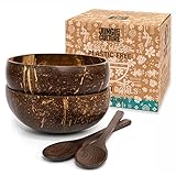 Jungle Culture Kokosnuss Schalen 2er Set mit Holzlöffeln & Bambusstrohhälmen • Natürlich, Vegan Plastikfreie Alternative • Kokosschalen Schüssel Set, Handgefertigt mit Kokosöl poliert • Coconut Bowls