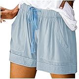 PTLLEND Damen Shorts Sommer Mode Lässige Musselin Hose mit hoher Taille Gerades Bein Sport Lässige Lockere Shorts mit Kordelzug Kurze Hose mit Taschen Gummiband Freizeit Shorts Elastische Stoffhose