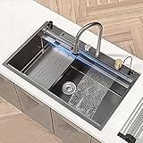 Küchenspülen mit Pull-the-Hahn-Flying-Rain-Wasserfall-Spülen, Drop-in-Ober- oder Untermontage, Bauernhaus-Arbeitsplatz-Spülenset mit Becken-in-Becken und Gerät zum Waschen einer Tasse (Farbe