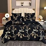 Bettwäsche 135x200 4teilig Schwarz Gold Pflanzen Blätter Muster Aesthetic Microfaser Wende Bettwäsche Bettbezug Set Luxus Moderne mit Metallic-Glitzermuster Bettwäsche-Sets Bett Teenager