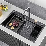 Küchenspüle für Zuhause, Nano-Raindance-Wasserfall-Spüle, große Einzelschlitz-Spüle aus verdicktem Edelstahl mit Nanobeschichtung und Wasserhahn-Messerhalter (Color : A, S : 75 * 46cm)