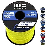 GO!elements 100m Paracord 2mm Seil aus reißfester Nylonschnur - Paracord 100 Typ I Survival Schnur - Reißfest bis 45kg - geeignet als Allzweckseil, Reepschnur, Kordel, Maurerschnur, Farbe: Neon