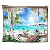 izielad Meer Strand blauer Himmel Naturlandschaft Blumen Baum Wandteppich Wandbehang Stoff Wanddekoration 180X230CM 70.8X90.5IN