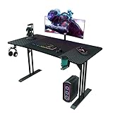 HLONONE Gaming Tisch 140 x 70cm, Ergonomischer Computertisch aus Kohlefaser, Robuster und Stabiler Gaming Schreibtisch, PC Tisch mit Kopfhörerhaken und Getränkehalter, Schwarz